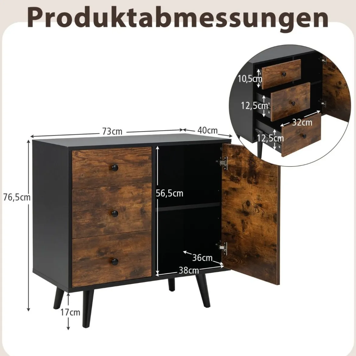 Kommode mit Tür & 3 Schubladen & Verstellbarem Regal & Kippschutz Sideboard 73 x 40 x 76,5 cm