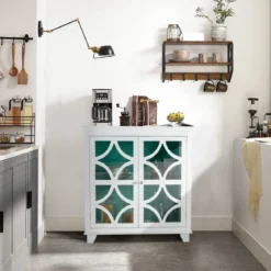 Kommode mit verstellbarem Regal Holz Sideboard mit Glastür Aufbewahrungsschrank für Küche Wohnzimmer Grün