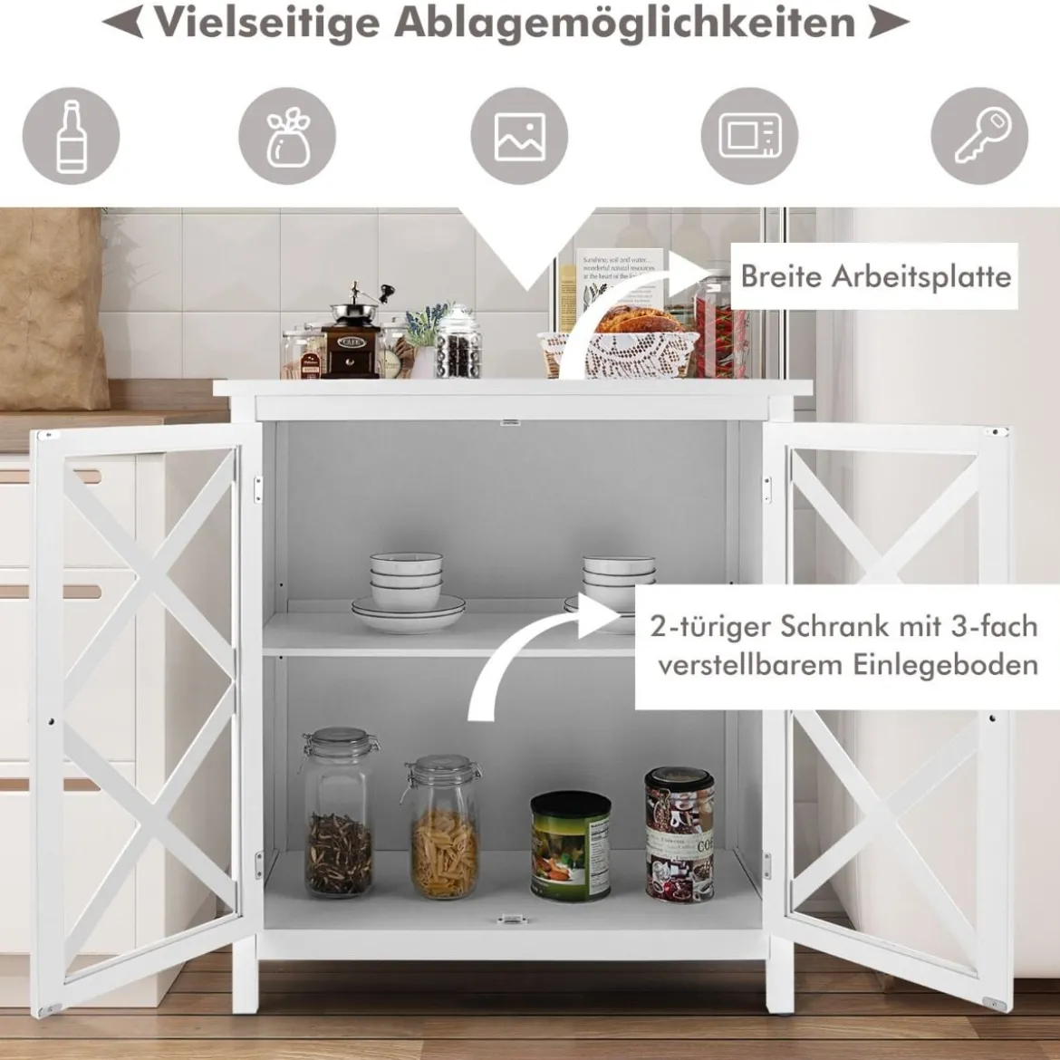 Kommode mit verstellbarem Regal Holz Sideboard mit Glastür Aufbewahrungsschrank für Küche Wohnzimmer