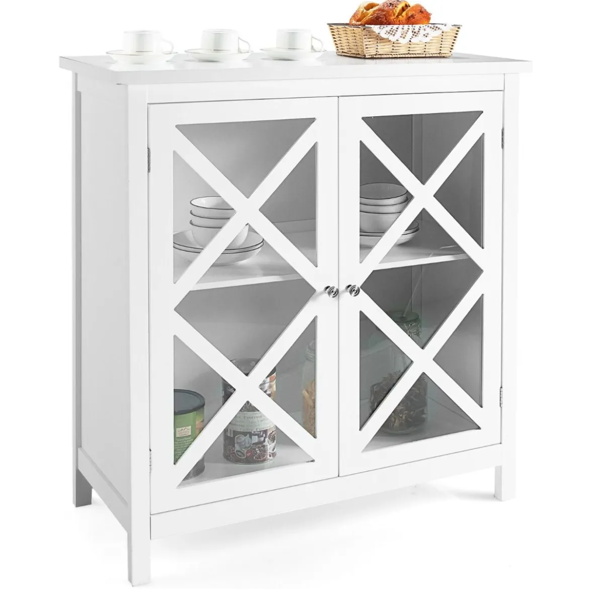 Kommode mit verstellbarem Regal Holz Sideboard mit Glastür Aufbewahrungsschrank für Küche Wohnzimmer