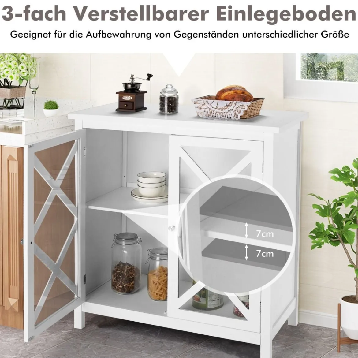 Kommode mit verstellbarem Regal Holz Sideboard mit Glastür Aufbewahrungsschrank für Küche Wohnzimmer