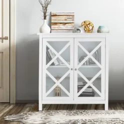 Kommode mit verstellbarem Regal Holz Sideboard mit Glastür Aufbewahrungsschrank für Küche Wohnzimmer