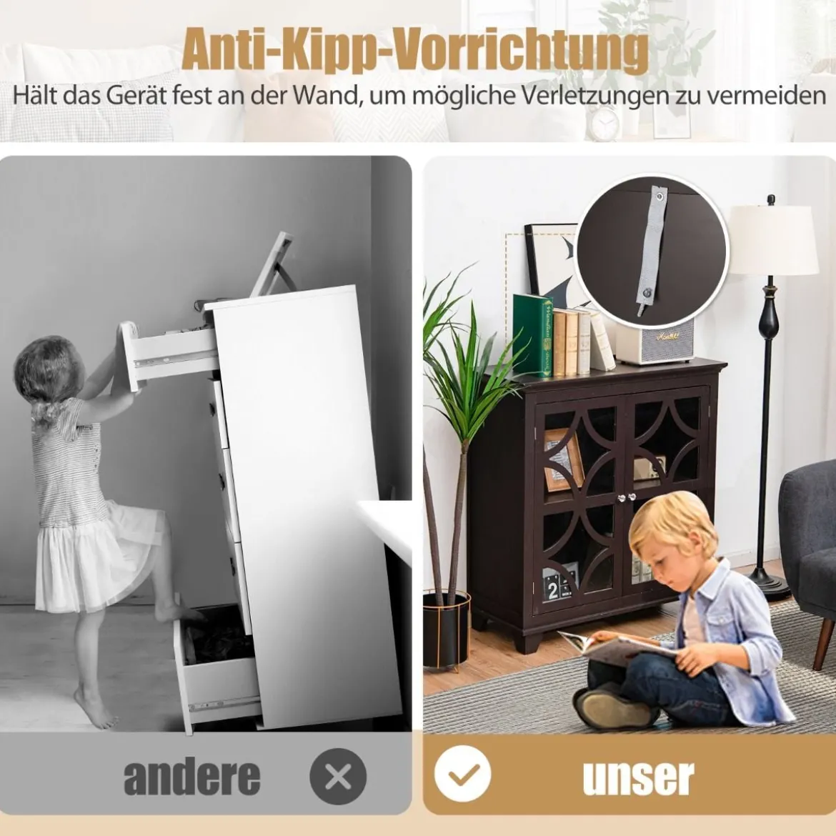 Kommode mit verstellbarem Regal Holz Sideboard mit Glastür Aufbewahrungsschrank für Küche Wohnzimmer Braun
