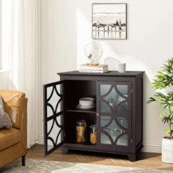 Kommode mit verstellbarem Regal Holz Sideboard mit Glastür Aufbewahrungsschrank für Küche Wohnzimmer Braun