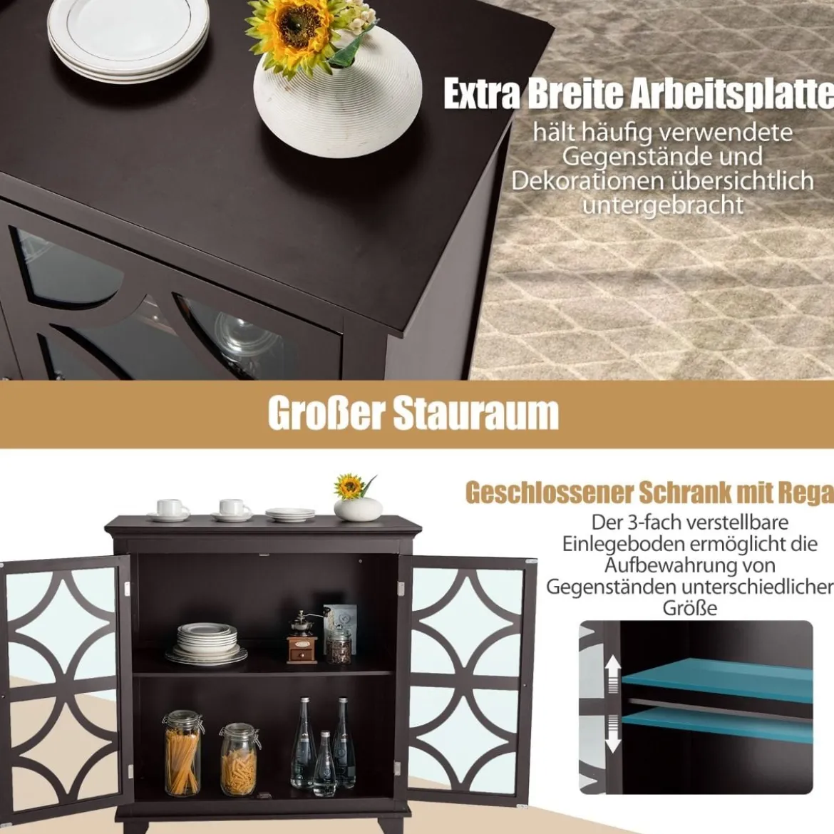 Kommode mit verstellbarem Regal Holz Sideboard mit Glastür Aufbewahrungsschrank für Küche Wohnzimmer Braun