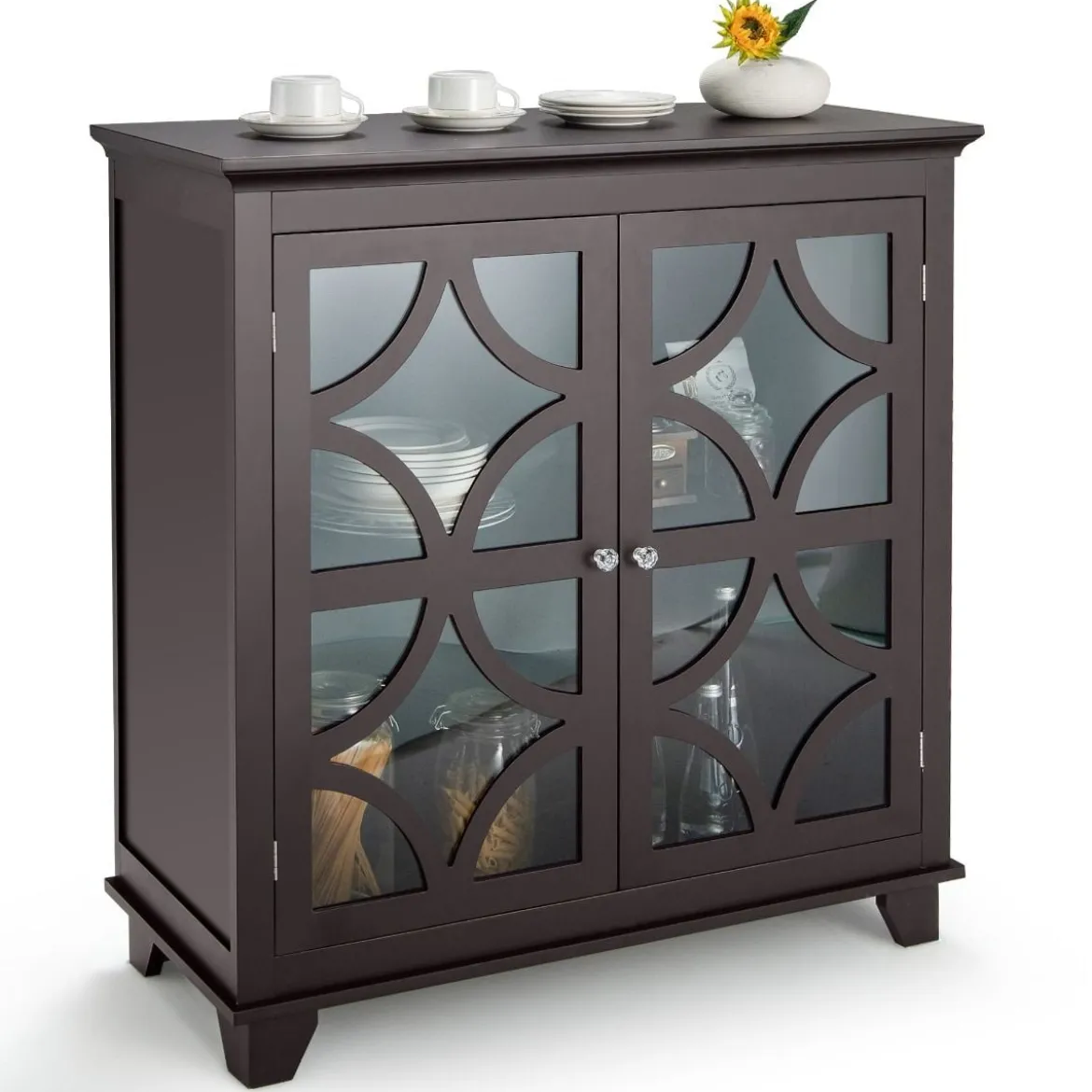 Kommode mit verstellbarem Regal Holz Sideboard mit Glastür Aufbewahrungsschrank für Küche Wohnzimmer Braun