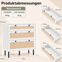 Kommode Schubladenschrank mit 3 Schubladen aus Rattan 75 x 35 x 77,5 cm Weiß