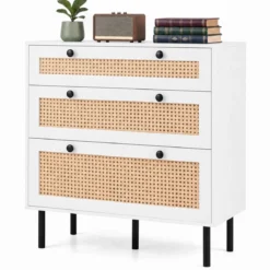 Kommode Schubladenschrank mit 3 Schubladen aus Rattan 75 x 35 x 77,5 cm Weiß