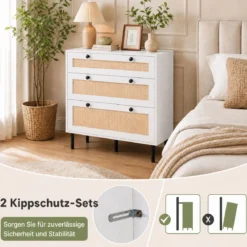 Kommode Schubladenschrank mit 3 Schubladen aus Rattan 75 x 35 x 77,5 cm Weiß