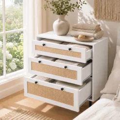 Kommode Schubladenschrank mit 3 Schubladen aus Rattan 75 x 35 x 77,5 cm Weiß