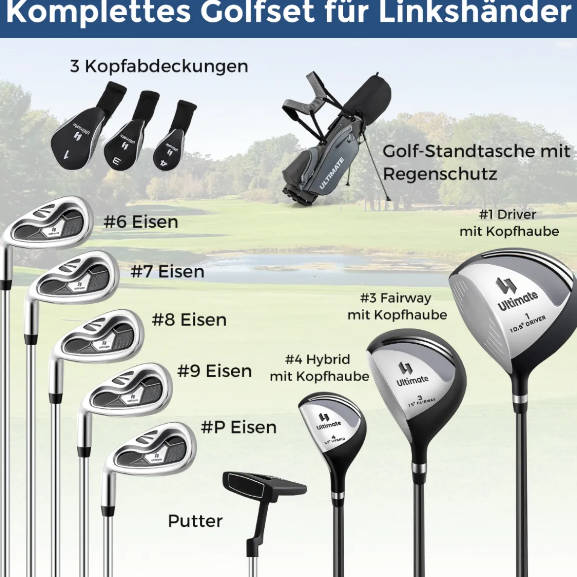 Komplette Golfschläger- & Taschenset für Linkshänder Herren tragbare leichte Golf-Standtasche