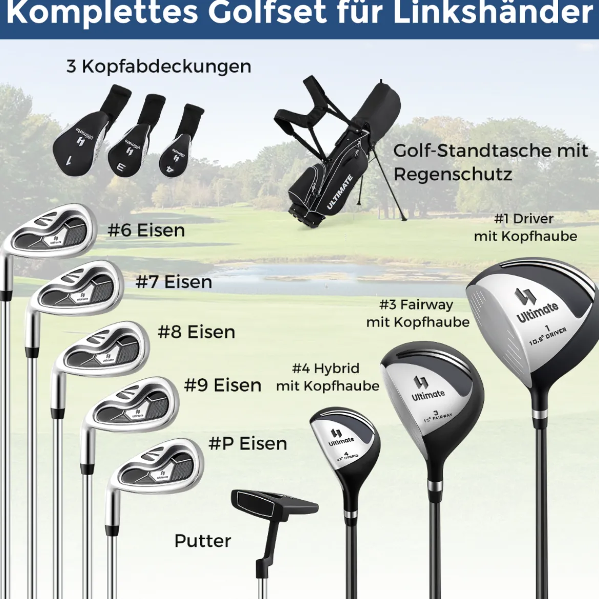 Komplette Golfschläger- & Taschenset für Linkshänder Herren tragbare leichte Golf-Standtasche