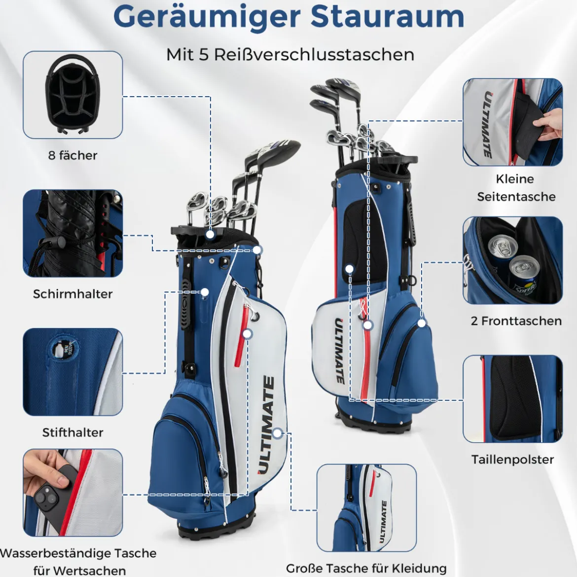Komplette Golfschläger- & Taschenset für Linkshänder Herren tragbare leichte Golf-Standtasche
