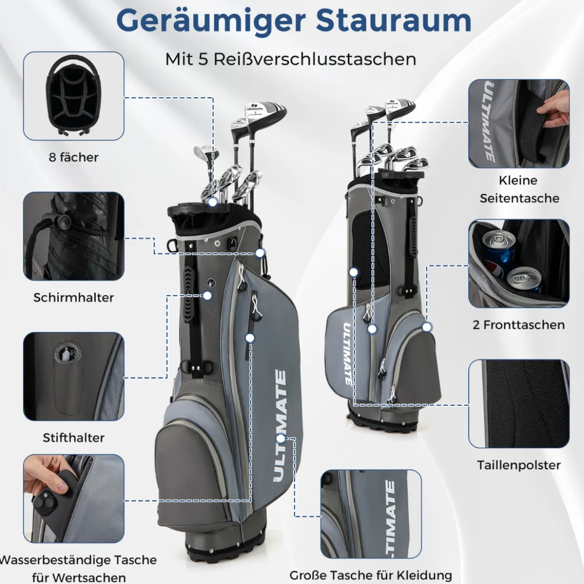 Komplette Golfschläger- & Taschenset für Linkshänder Herren tragbare leichte Golf-Standtasche