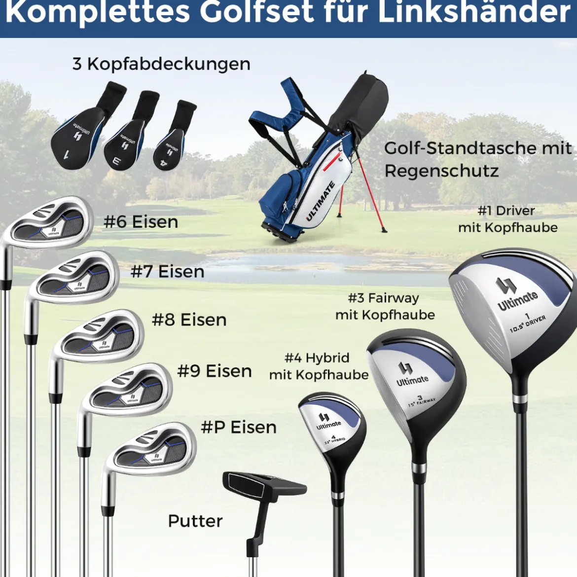 Komplette Golfschläger- & Taschenset für Linkshänder Herren tragbare leichte Golf-Standtasche