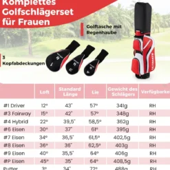 Komplettes Golfschläger-Set Rechtshändig für Damen Golfschlägersätze mit Tragetasche Rot