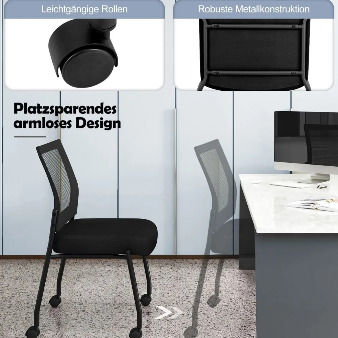 Konferenzstühle 2er Set stapelbare Besucherstühle mit Rollen armlose Stapelstühle für Büro Schwarz
