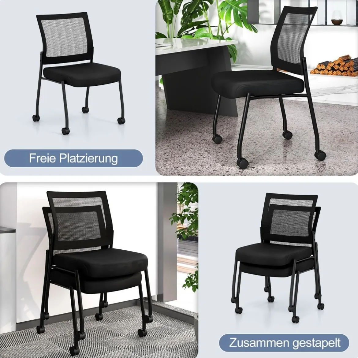 Konferenzstühle 2er Set stapelbare Besucherstühle mit Rollen armlose Stapelstühle für Büro Schwarz