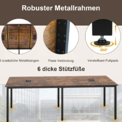 Konferenztisch mit 2 Kabeldurchführungen Besprechungstisch für bis zu 10 Personen Rustikal Braun