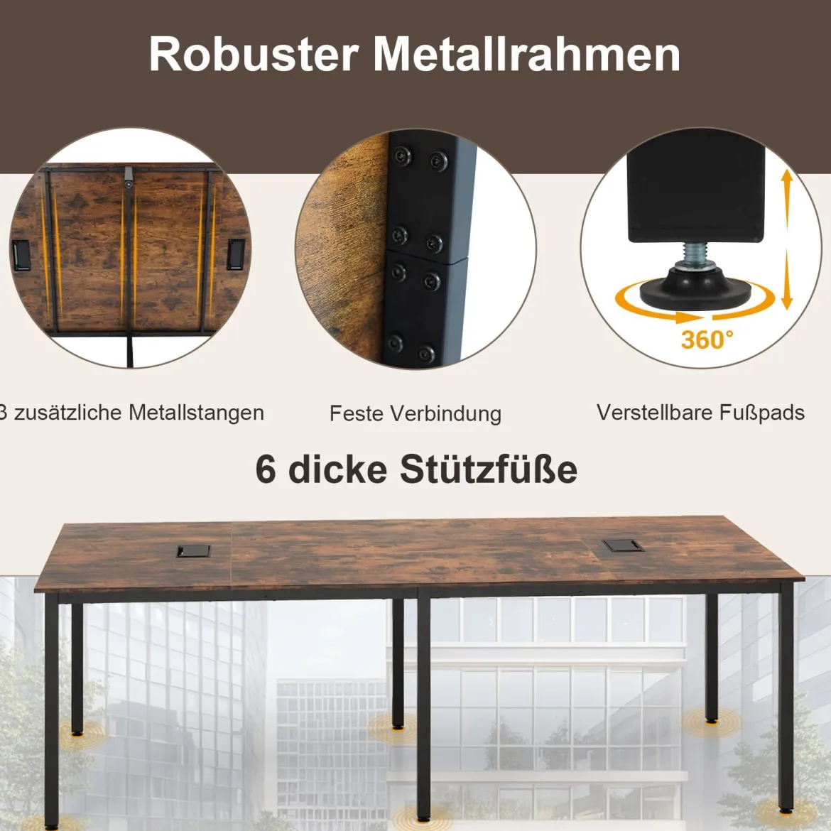 Konferenztisch mit 2 Kabeldurchführungen Besprechungstisch für bis zu 10 Personen Rustikal Braun