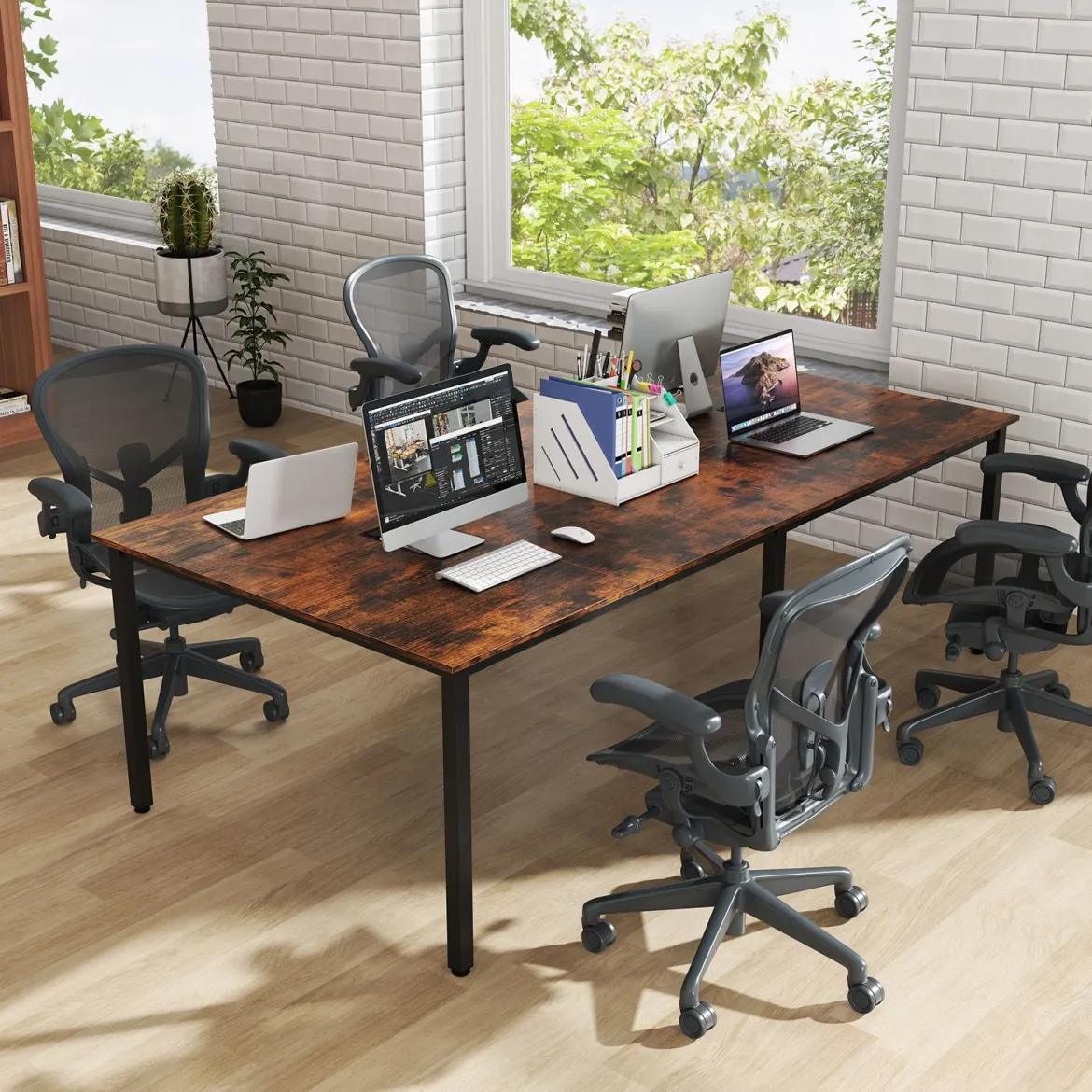 Konferenztisch mit 2 Kabeldurchführungen Besprechungstisch für bis zu 10 Personen Rustikal Braun