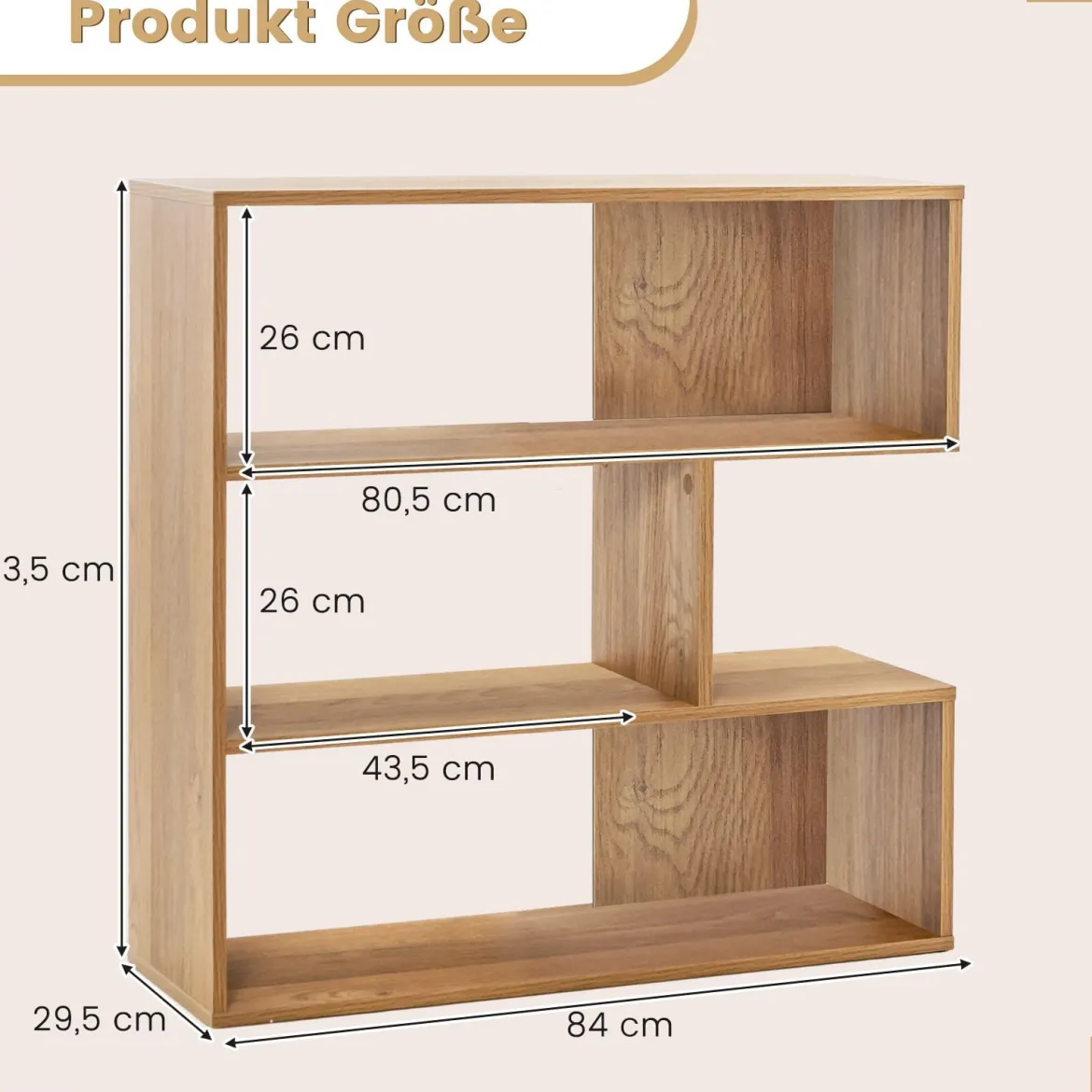 Konkaves Bücherregal mit Kippschutz 3 Ebenen Standregal Holz Raumteiler Regal Natur