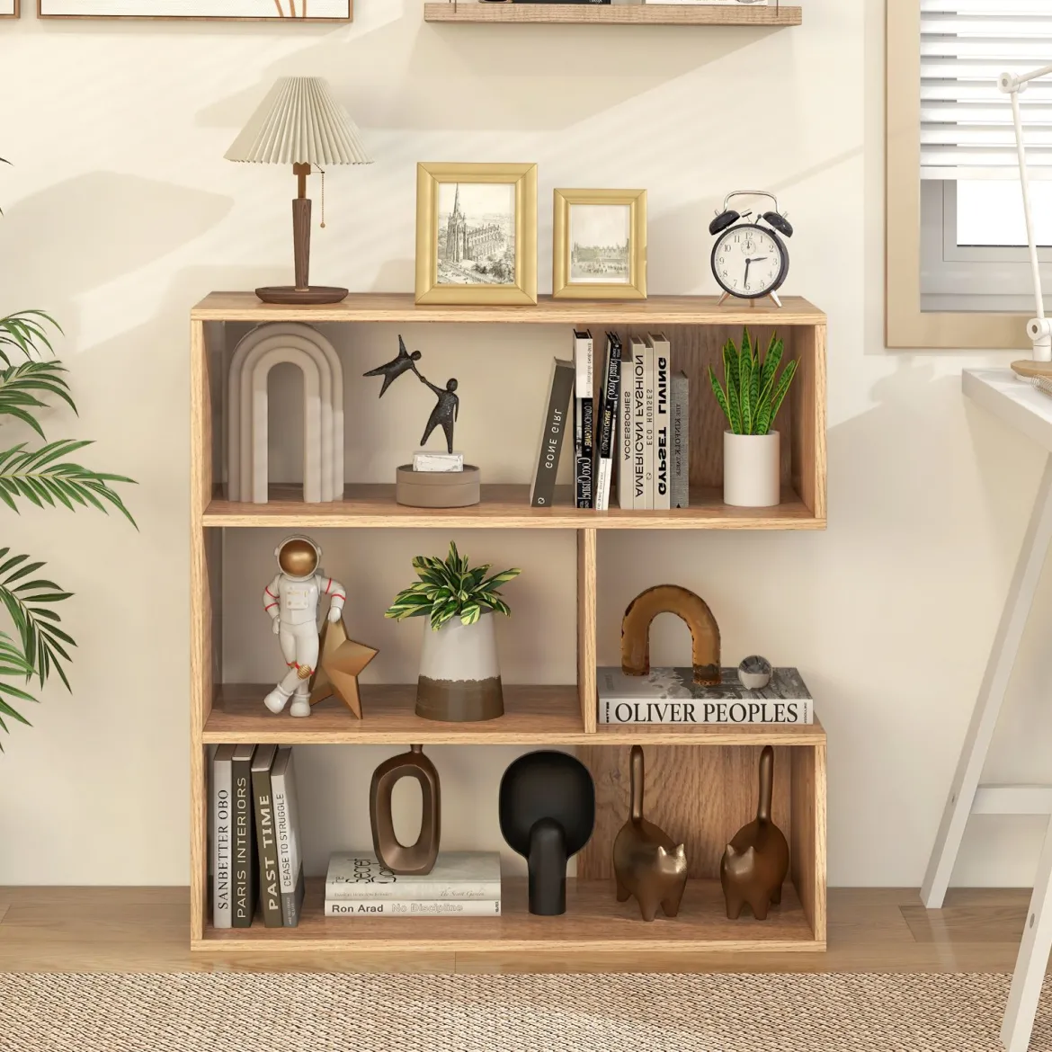 Konkaves Bücherregal mit Kippschutz 3 Ebenen Standregal Holz Raumteiler Regal Natur