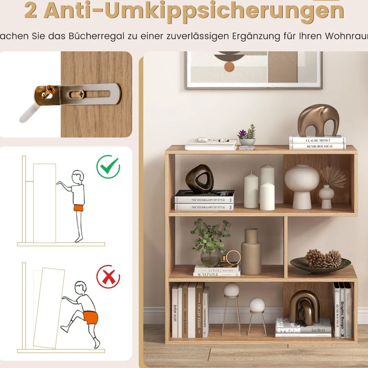 Konkaves Bücherregal mit Kippschutz 3 Ebenen Standregal Holz Raumteiler Regal Natur