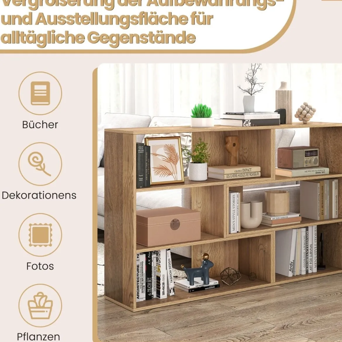 Konkaves + Konvexes Bücherregal mit Kippschutz & 3 Regalebenen Modernes Präsentationsregal Natur