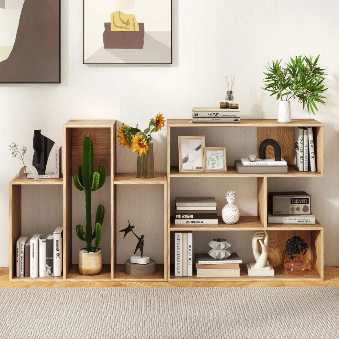 Konkaves + Konvexes Bücherregal mit Kippschutz & 3 Regalebenen Modernes Präsentationsregal Natur