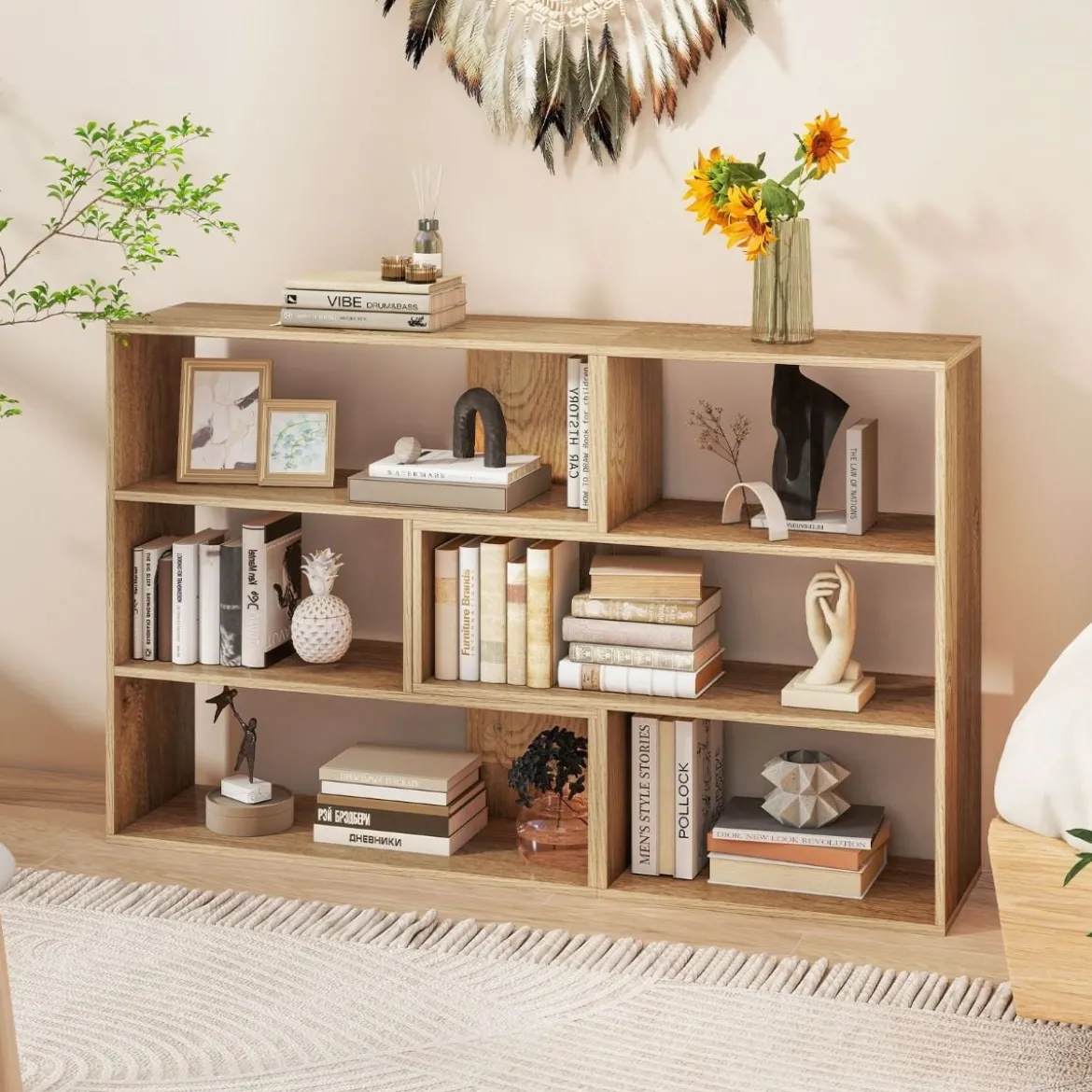 Konkaves + Konvexes Bücherregal mit Kippschutz & 3 Regalebenen Modernes Präsentationsregal Natur