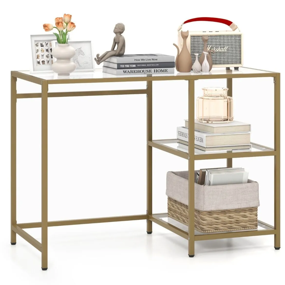 Konsolentisch aus Glas mit 2 Regalen & Metallgestell Sofatisch 106 x 51 x 76 cm Gold