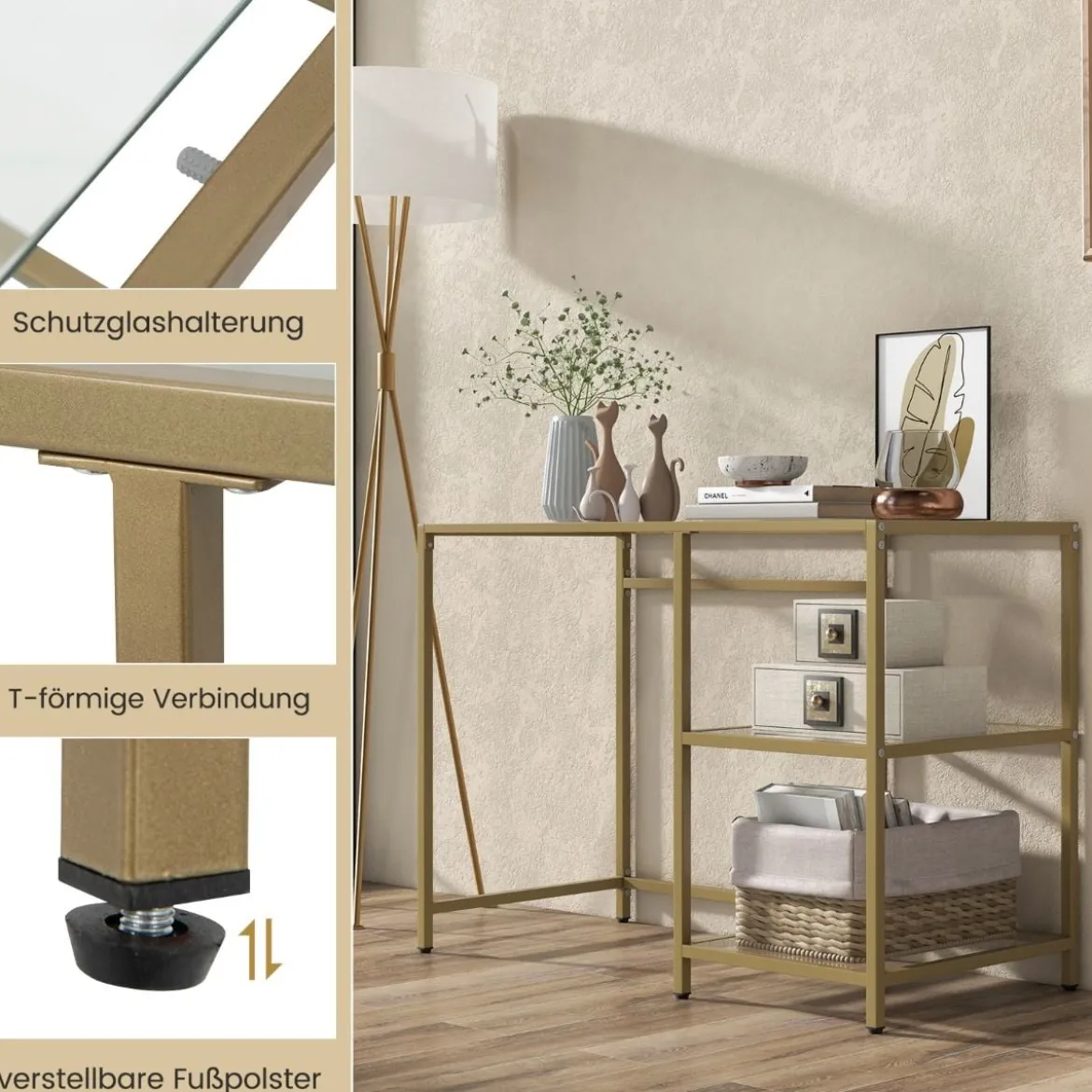 Konsolentisch aus Glas mit 2 Regalen & Metallgestell Sofatisch 106 x 51 x 76 cm Gold