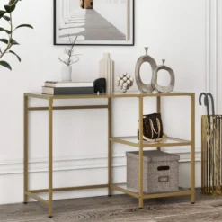 Konsolentisch aus Glas mit 2 Regalen & Metallgestell Sofatisch 106 x 51 x 76 cm Gold