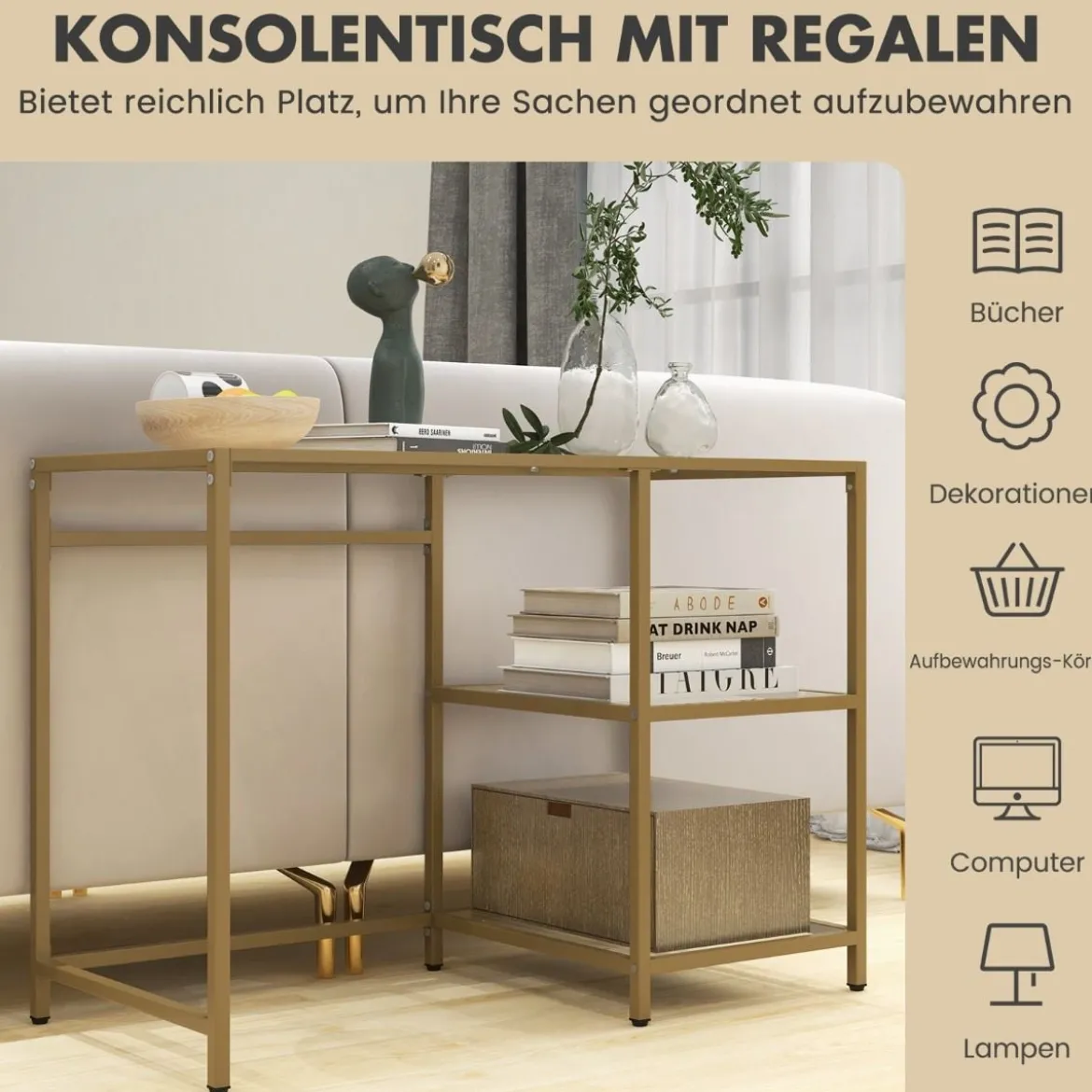 Konsolentisch aus Glas mit 2 Regalen & Metallgestell Sofatisch 106 x 51 x 76 cm Gold