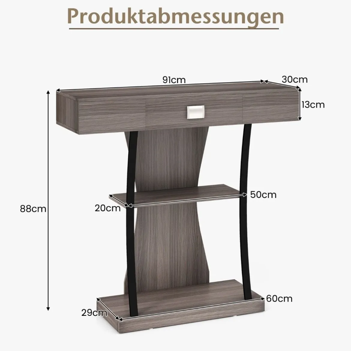 Konsolentisch aus Holz mit Schubladen & Metallrahmen & 2 Ablagen & Kippschutz Grau
