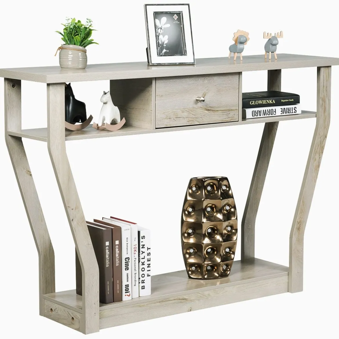 Konsolentisch aus Holz mit Schublade & Regal Eingangstisch Beistelltisch 120 x 30 x 81 cm Grau