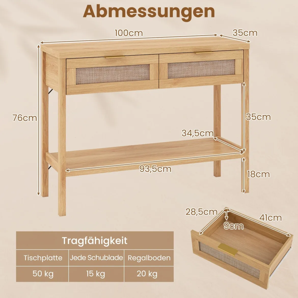 Konsolentisch Beistelltisch mit Offener Ablage & 2 Schubladen Sofatisch mit Rattanoptik