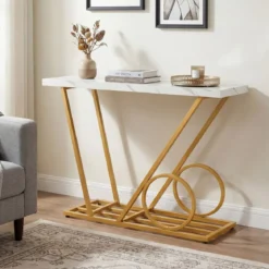 Konsolentisch 100cm moderner Einlagetisch mit Marmor-Optik und Wagen-inspiriertem Design Beistelltisch Weiß