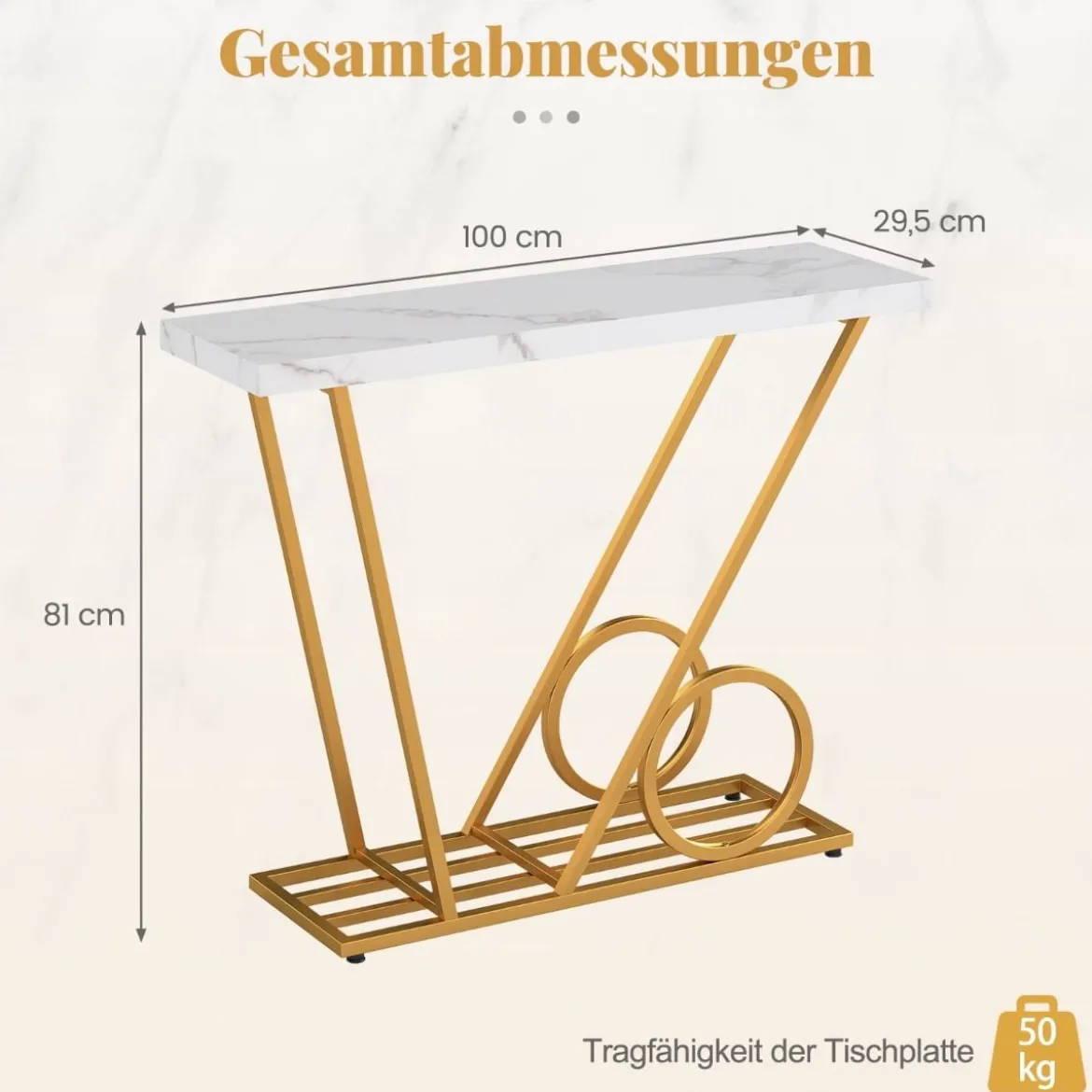 Konsolentisch 100cm moderner Einlagetisch mit Marmor-Optik und Wagen-inspiriertem Design Beistelltisch Weiß