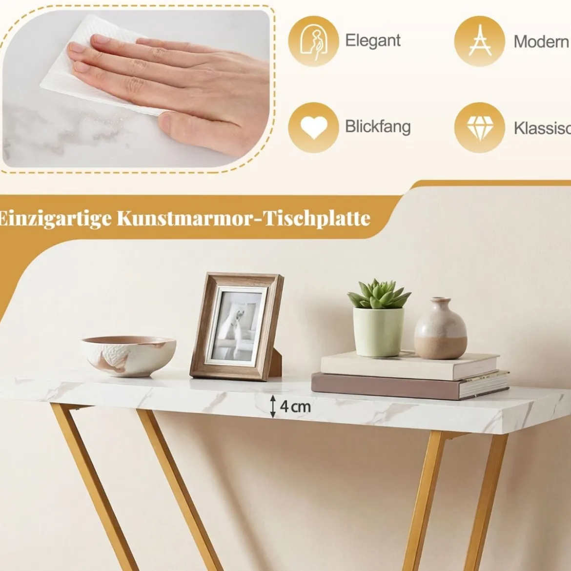 Konsolentisch 100cm moderner Einlagetisch mit Marmor-Optik und Wagen-inspiriertem Design Beistelltisch Weiß