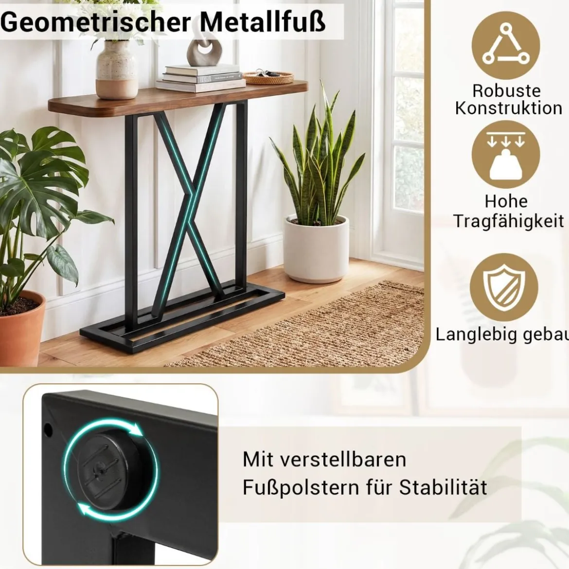 Konsolentisch 100 cm rechteckiger Eingangsbereich Tisch mit geometrischem Metallgestell Rustikales Braun