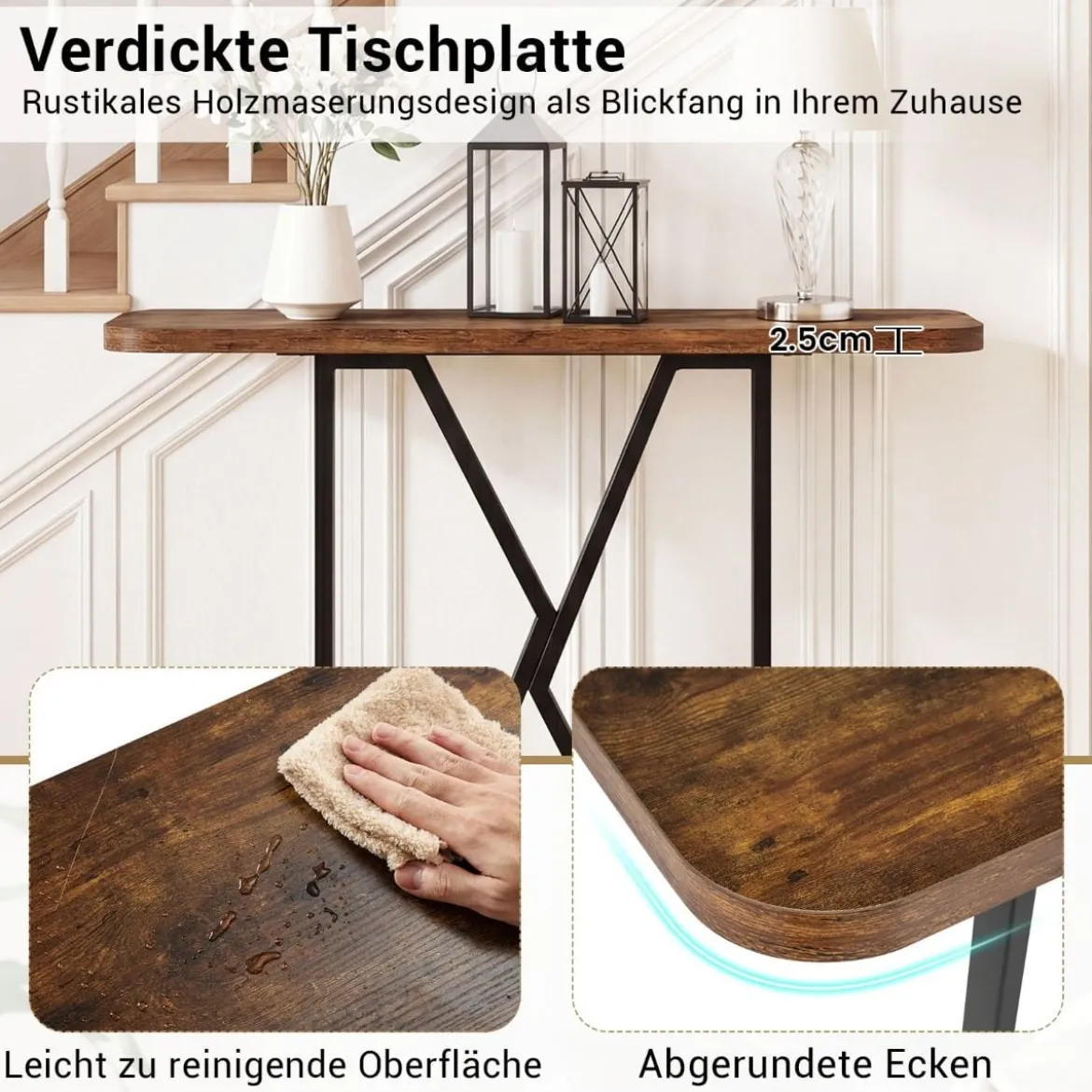 Konsolentisch 100 cm rechteckiger Eingangsbereich Tisch mit geometrischem Metallgestell Rustikales Braun