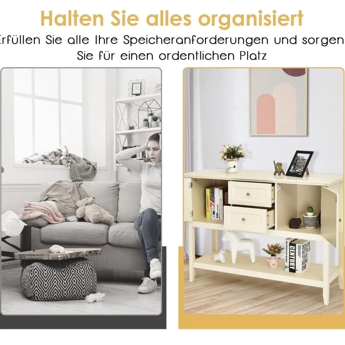 Konsolentisch Flurtisch mit 2 Schubladen und Schränken Buffet-Tisch Beistelltisch Holz Weiß