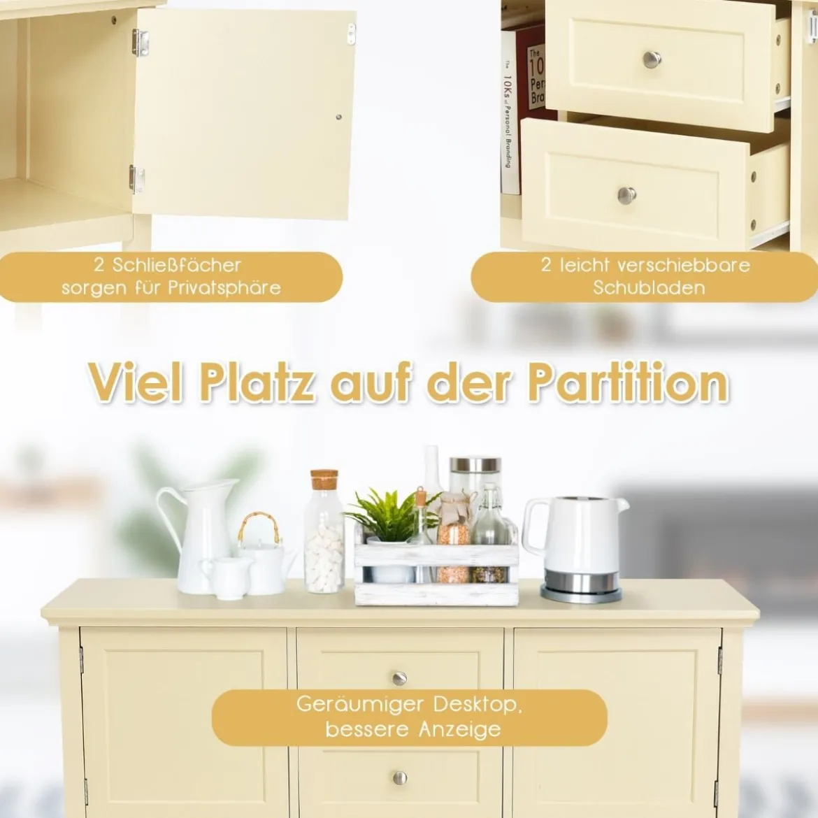 Konsolentisch Flurtisch mit 2 Schubladen und Schränken Buffet-Tisch Beistelltisch Holz Weiß