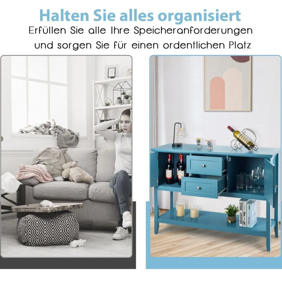 Konsolentisch Holz-Sideboard mit 2 Schubladen und 2 Schränken 117 x 38 x 86,5 cm Blau