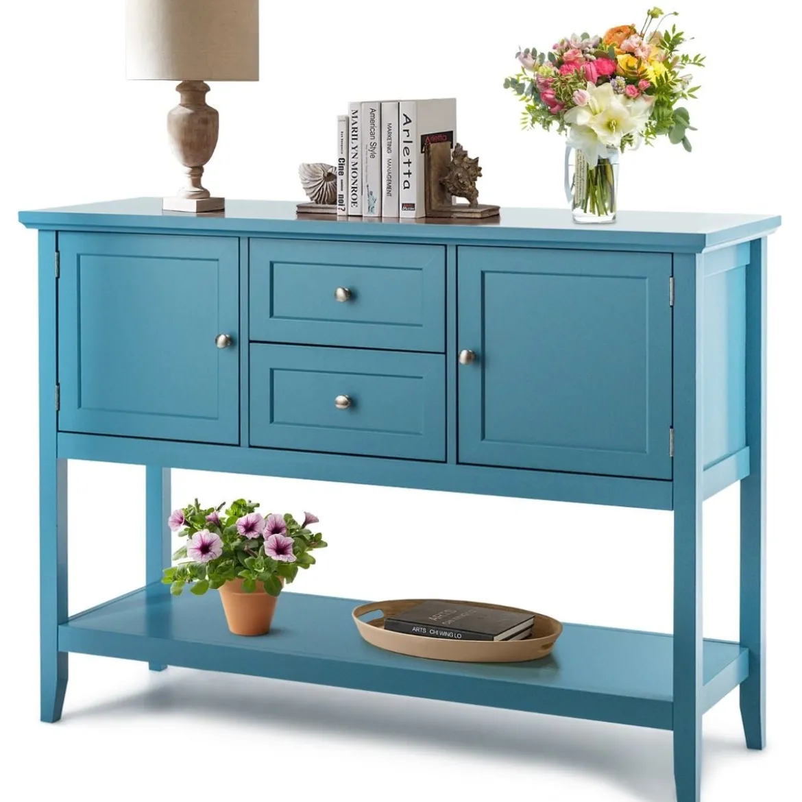 Konsolentisch Holz-Sideboard mit 2 Schubladen und 2 Schränken 117 x 38 x 86,5 cm Blau