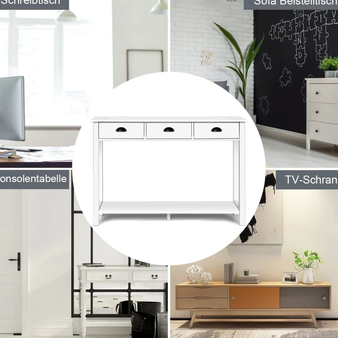Konsolentisch Industrie Design Beistelltisch mit 3 Schubladen Ablage Beistelltisch Weiß
