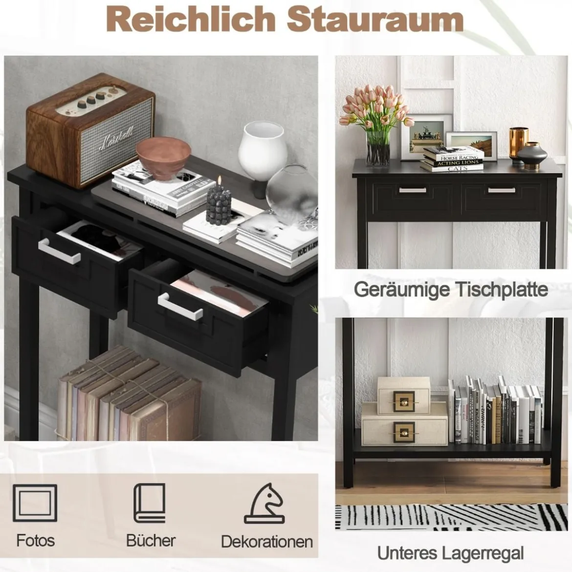 Konsolentisch mit Ablage 2 Schubladen Beistelltisch Industrie Design Schwarz