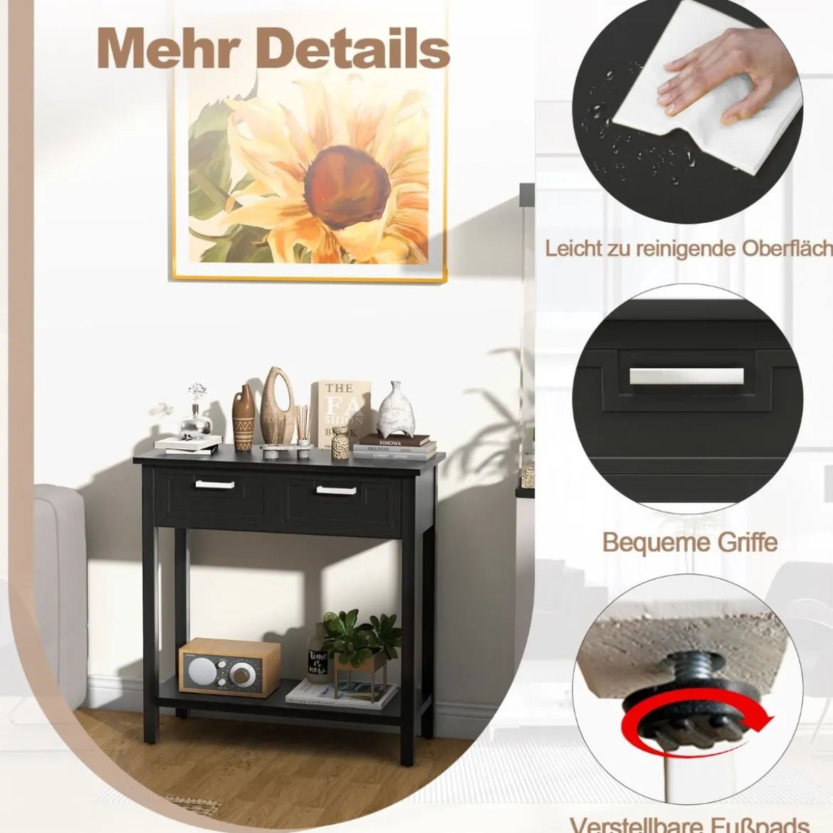 Konsolentisch mit Ablage 2 Schubladen Beistelltisch Industrie Design Schwarz